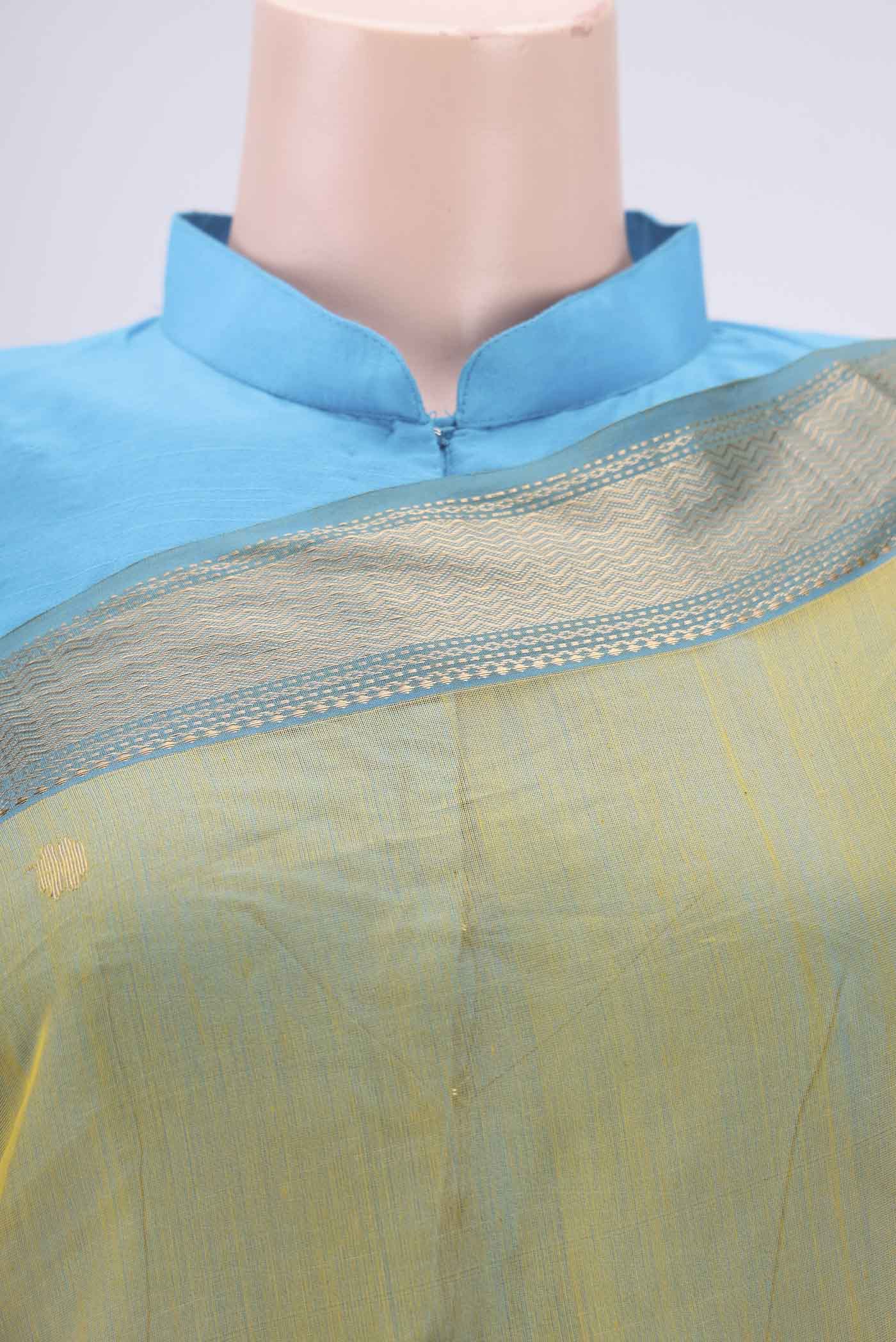 Border image of Yellow Maheshwari Silk Cotton Saree with Zari Butta on the body and Zari Border. 