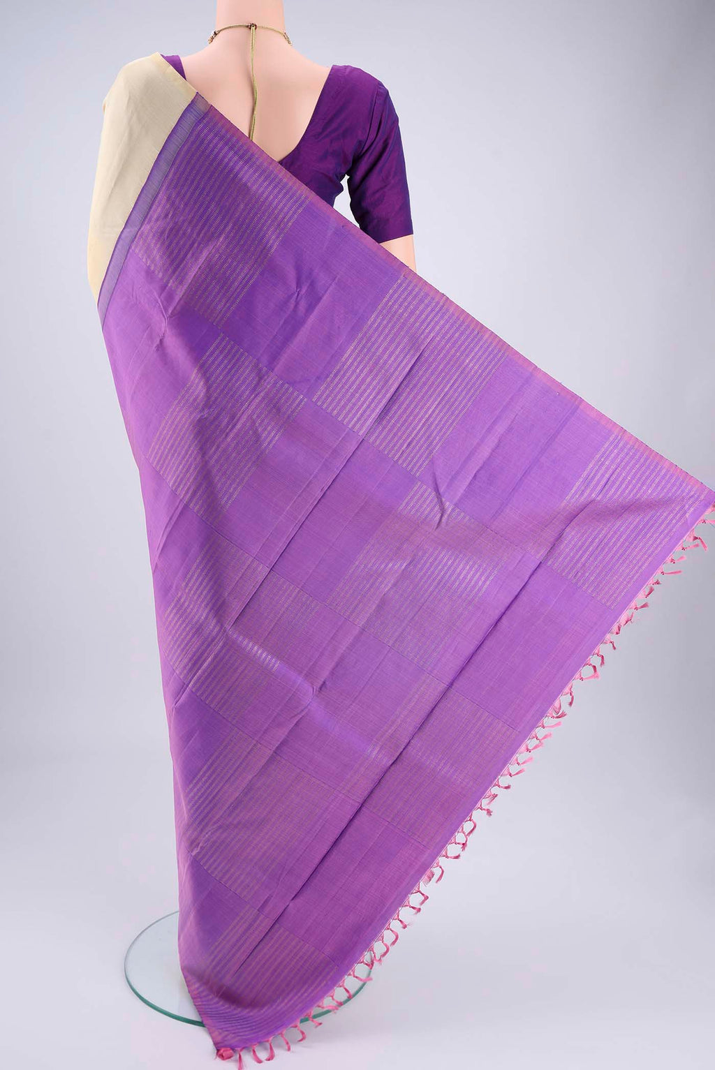 Flat view of Cream Coimbatore Silk Cotton Saree with Plain Body and Plain Border. 