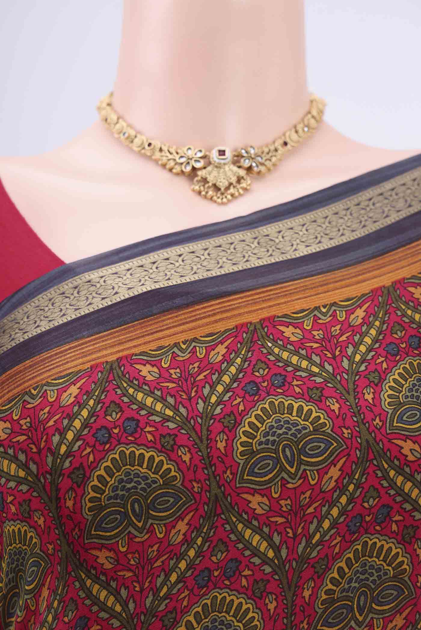 Border image of Red Mysore Crepe Saree with Floral Print on the body and Zari Border. 