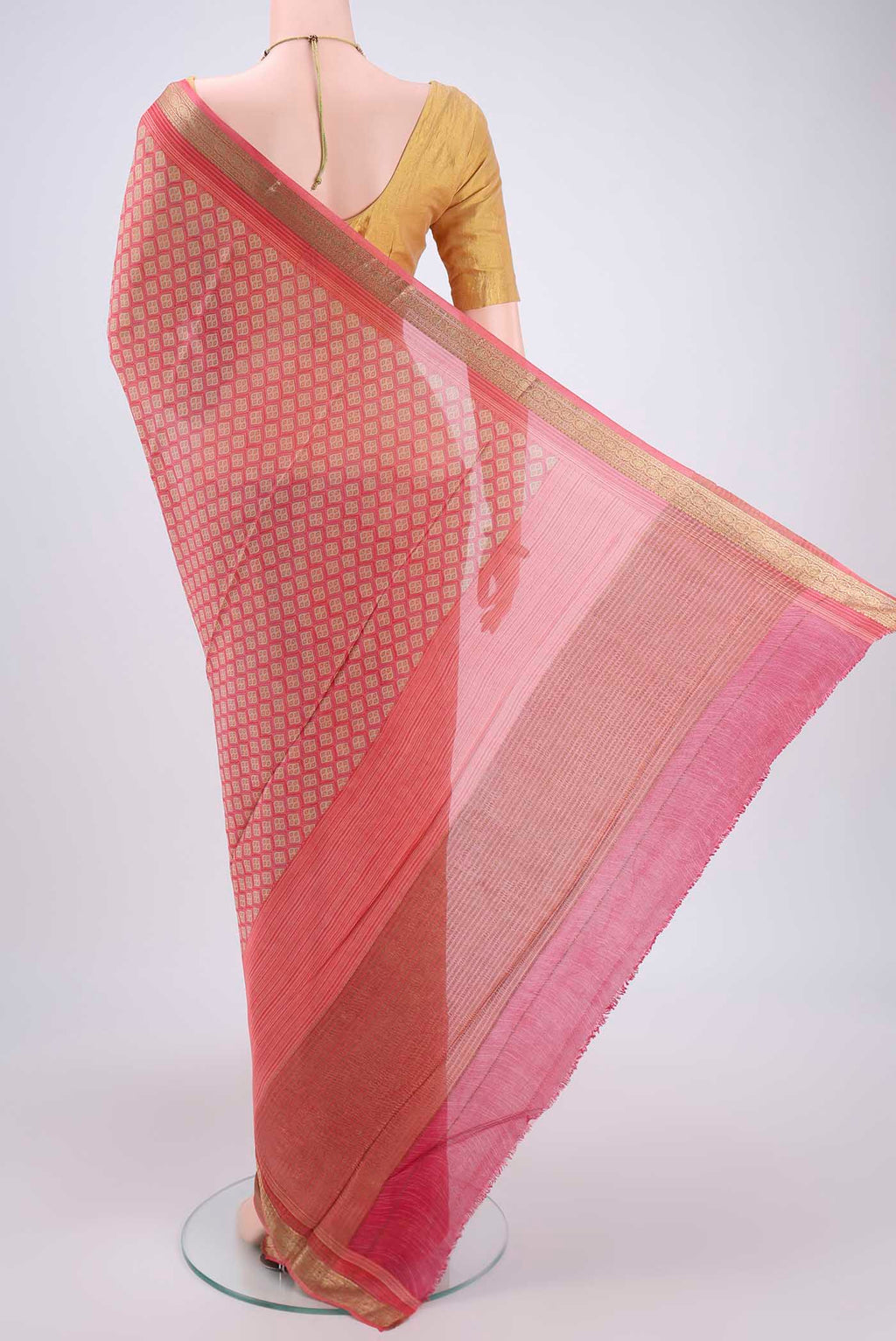 Flat view of Pink Mysore Crepe Saree with Floral Print on the body and Zari Border. 