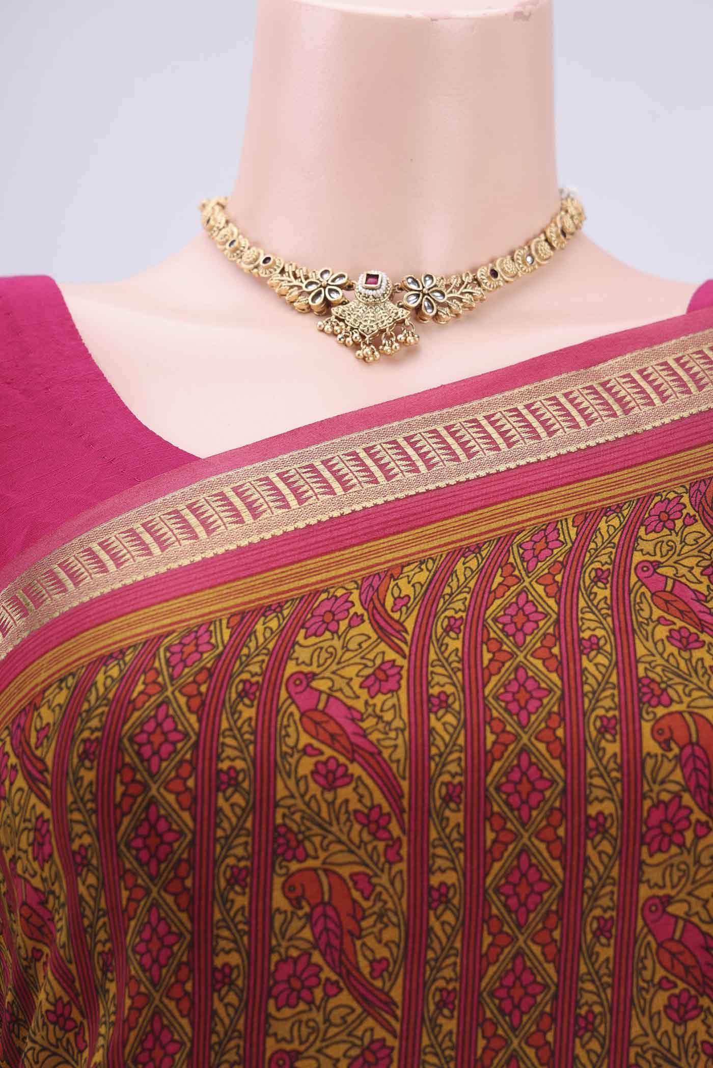 Border image of Pink Mysore Crepe Saree with Floral Print on the body and Zari Border. 