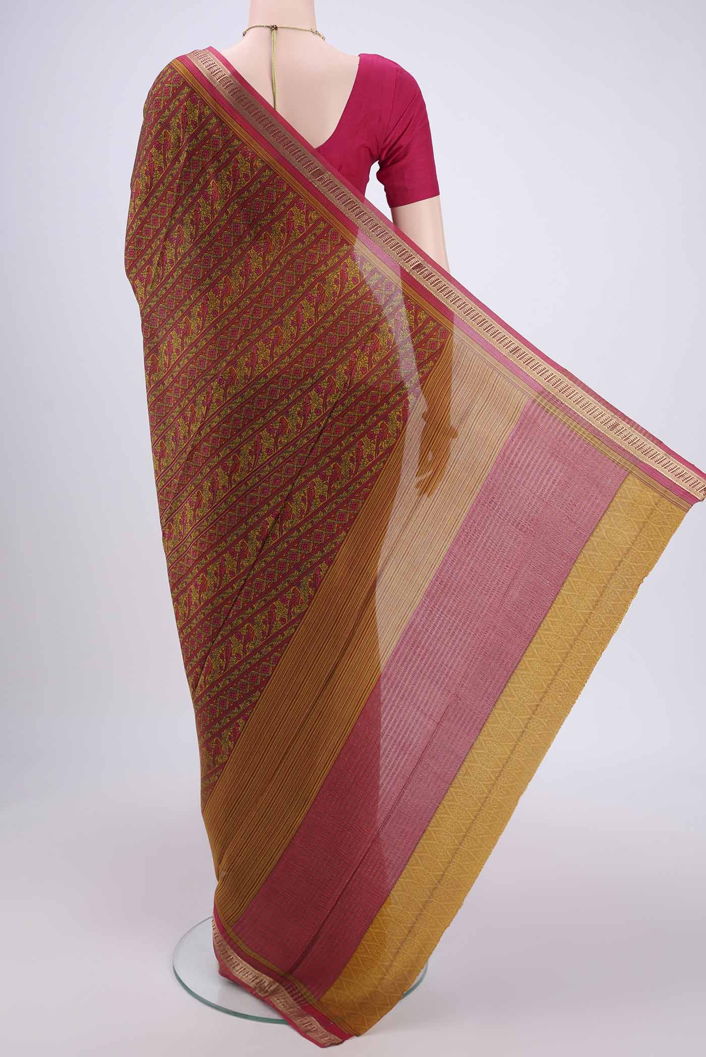 Flat view of Pink Mysore Crepe Saree with Floral Print on the body and Zari Border. 