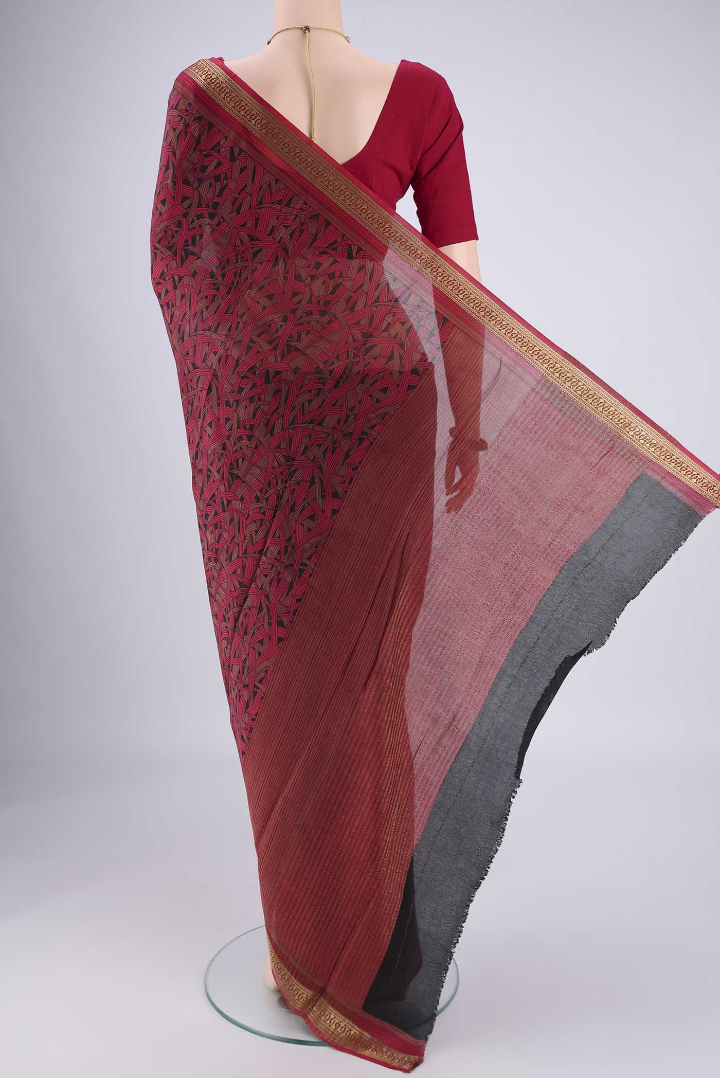 Flat view of Multi Color Mysore Crepe Saree with Printed design on the body and Zari Border. 