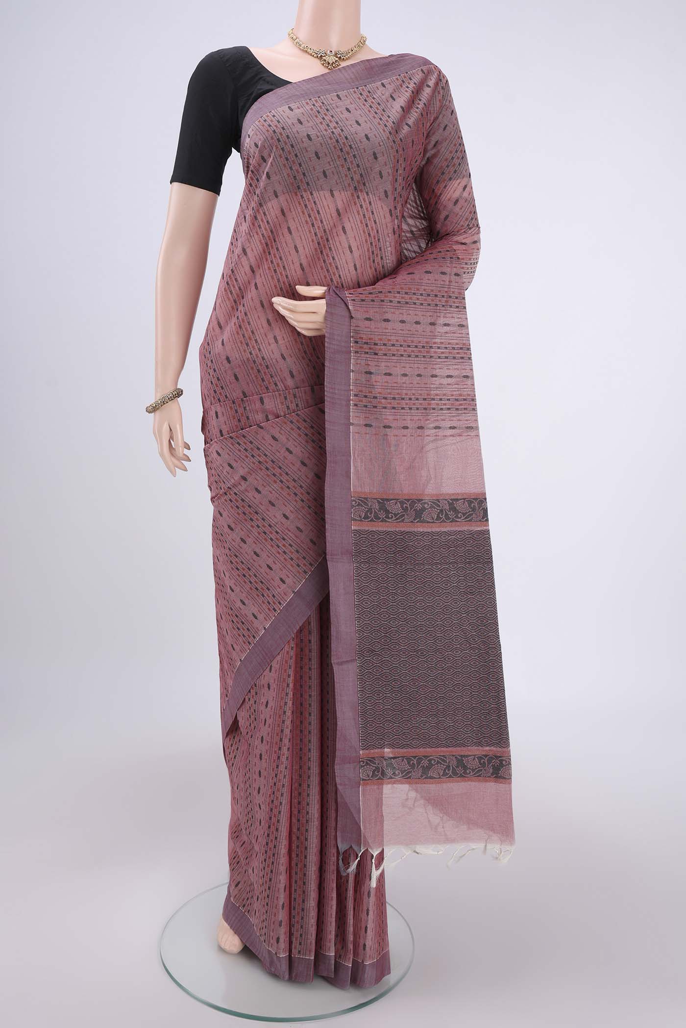 Rose pink Kanchi Cotton Saree with Stripes on the body and Plain Border.  displayed on a mannequin