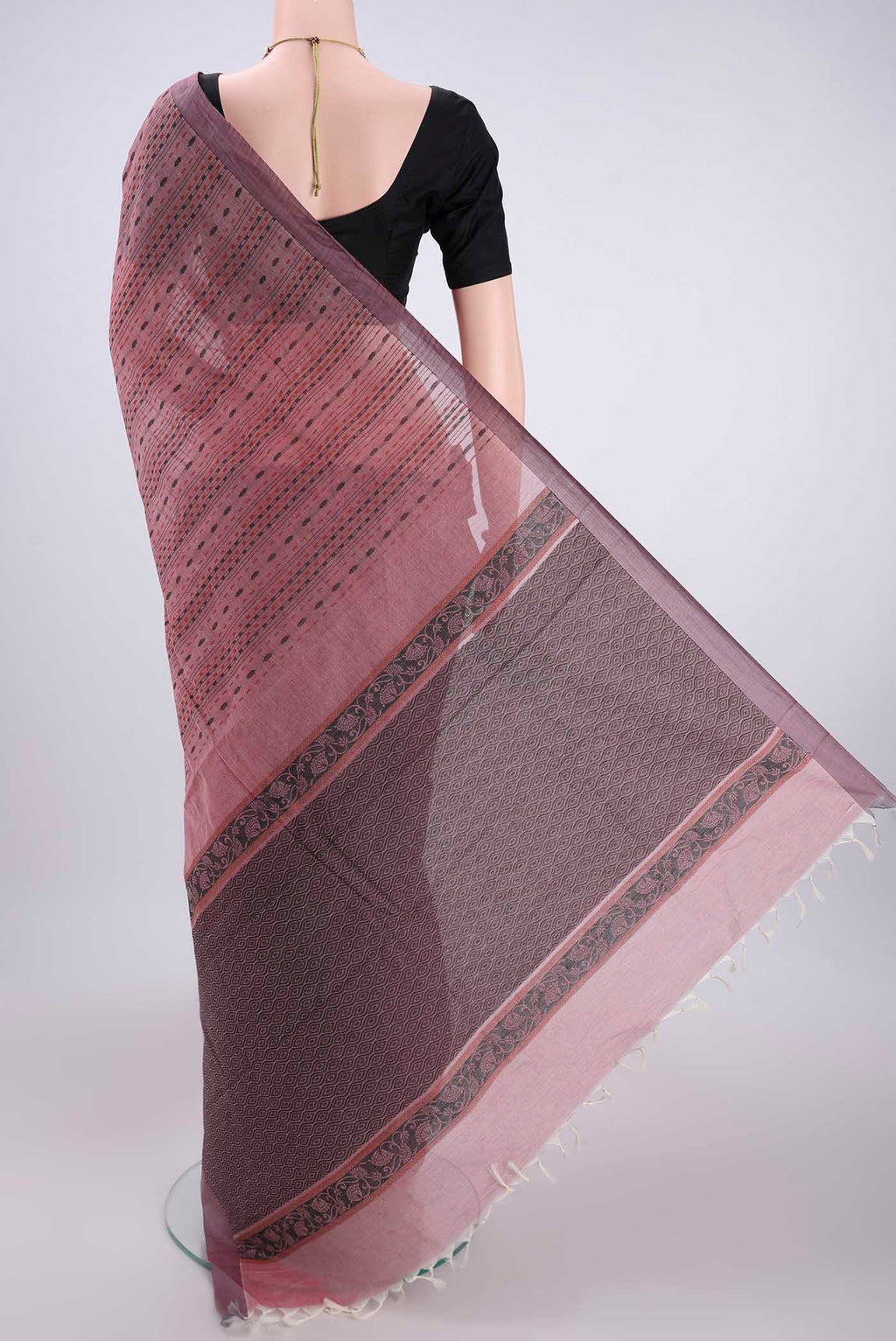 Flat view of Rose pink Kanchi Cotton Saree with Stripes on the body and Plain Border. 