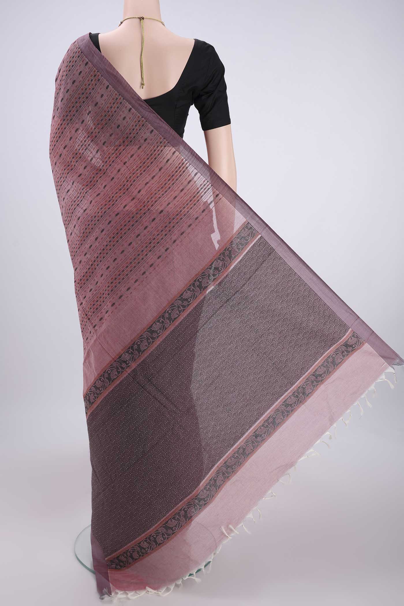 Flat view of Rose pink Kanchi Cotton Saree with Stripes on the body and Plain Border. 
