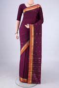 Purple Blended Bangalore Silk Saree with Zari Butta on the body and Zari Border.  displayed on a mannequin