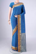 Blue Blended Bangalore Silk Saree with Zari Butta on the body and Zari Border.  displayed on a mannequin