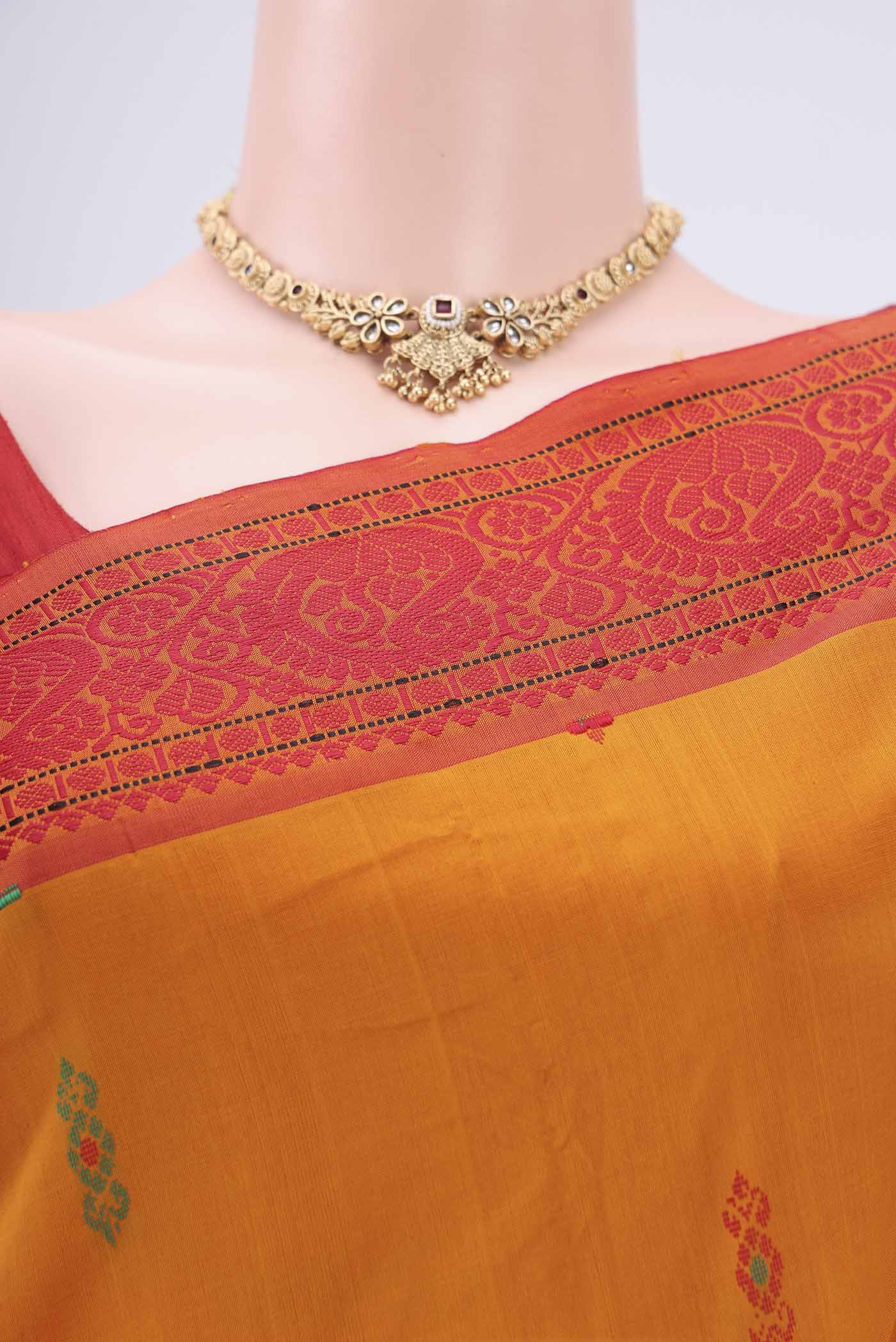 Border image of Mustard Blended Poly Cotton Saree with Thread Butta on the body and Thread Border. 