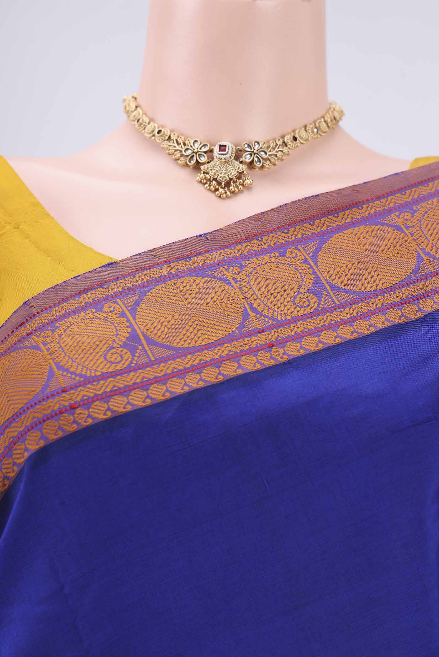 Border image of Royal Blue Blended Poly Cotton Saree with Plain Body and Thread Border. 