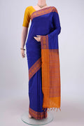 Royal Blue Blended Poly Cotton Saree with Plain Body and Thread Border.  displayed on a mannequin