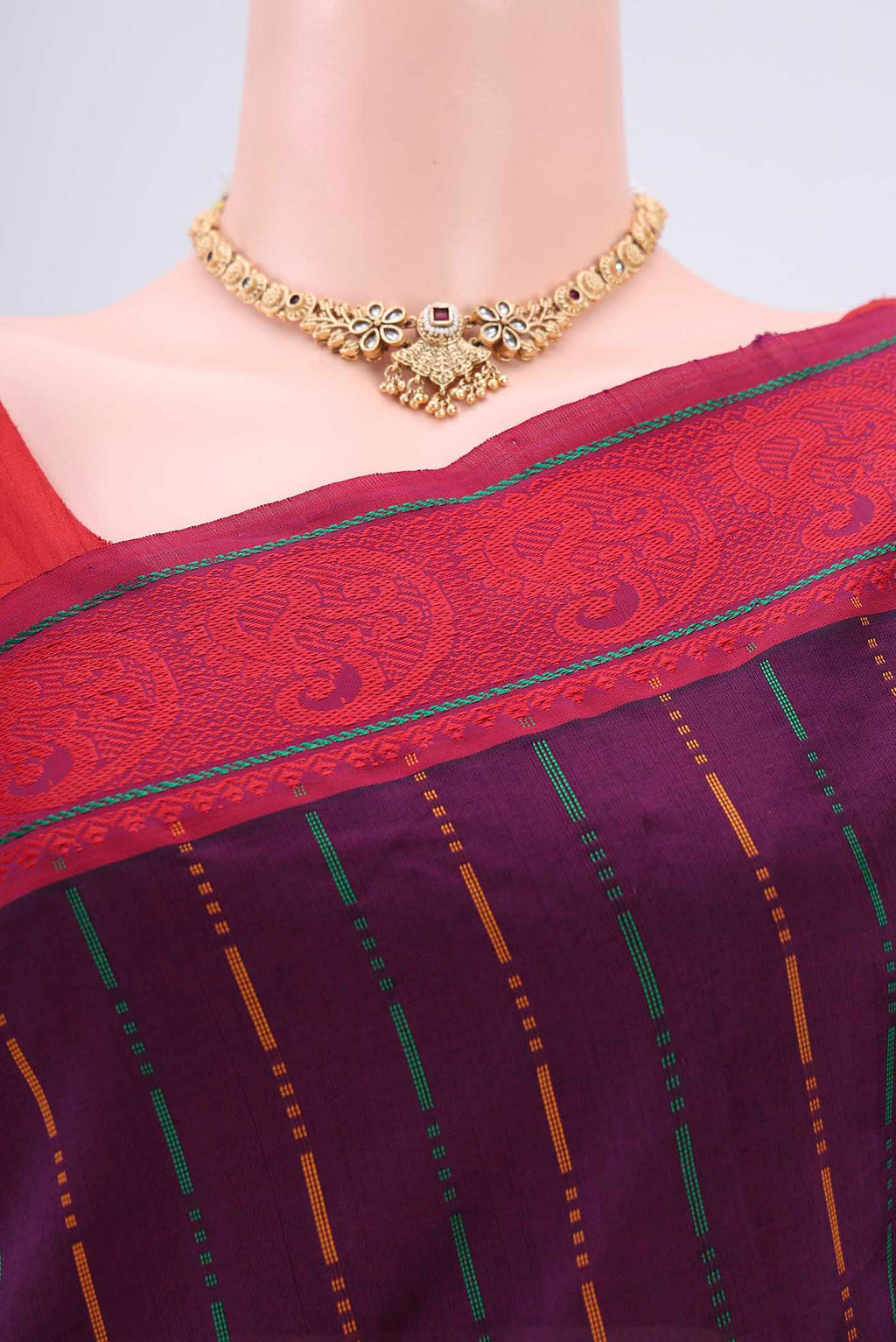Border image of Purple Blended Poly Cotton Saree with Stripes on the body and Thread Border. 