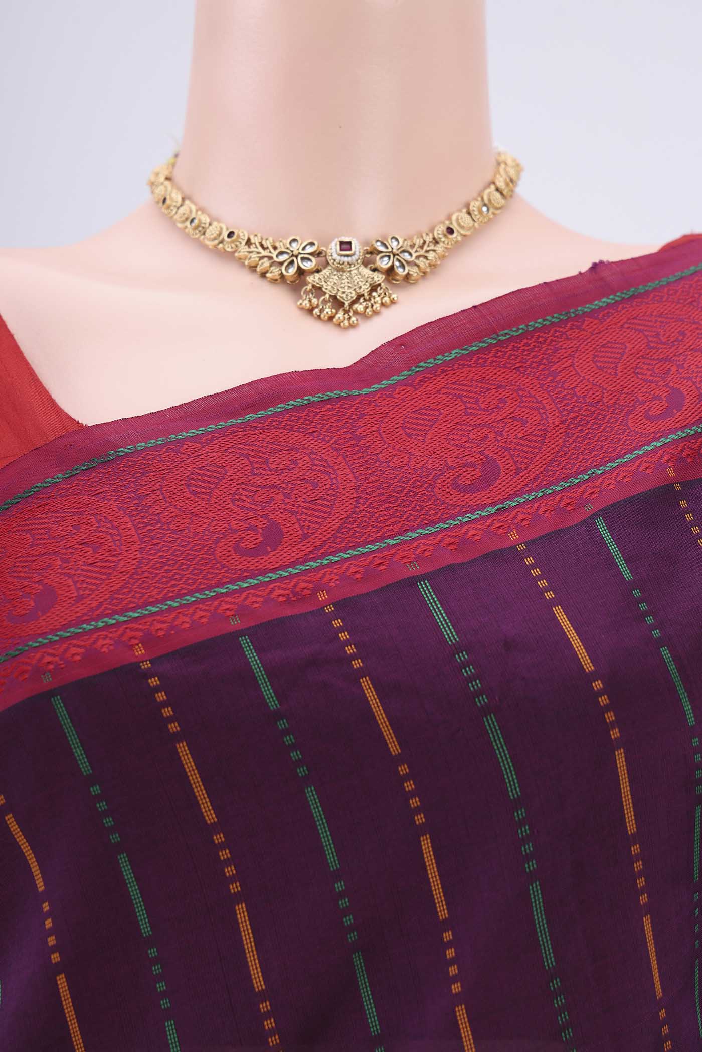 Border image of Purple Blended Poly Cotton Saree with Stripes on the body and Thread Border. 