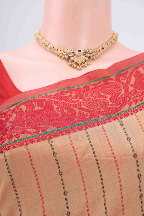 Border image of Beige Blended Poly Cotton Saree with Stripes on the body and Thread Border. 