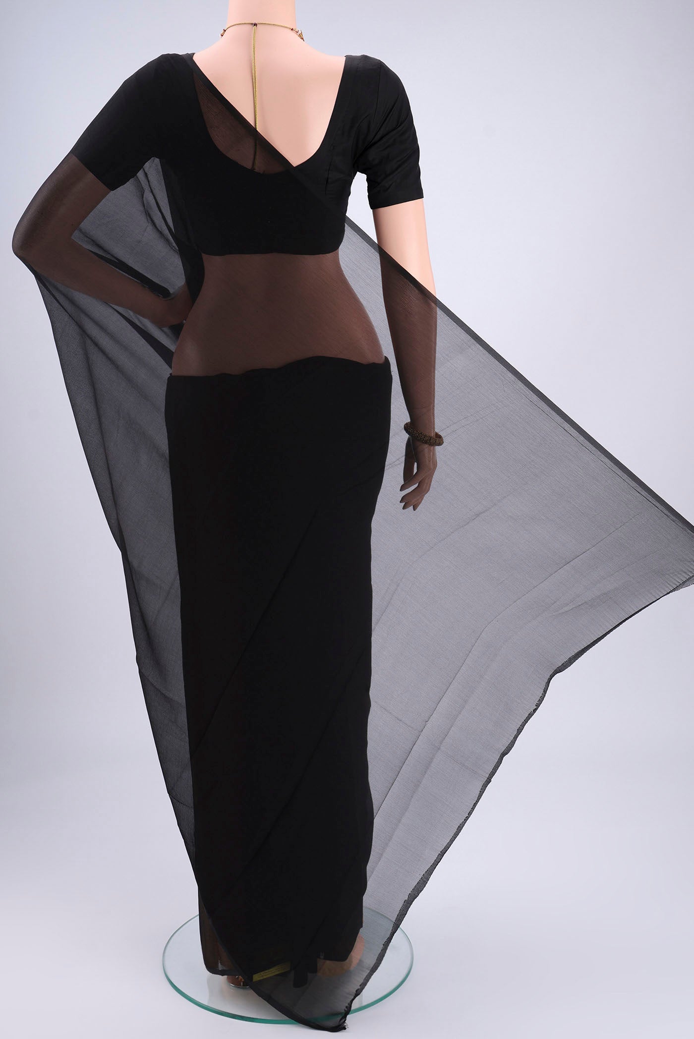Flat view of Black Mysore Chiffon Saree with Plain Body and Plain Border. 