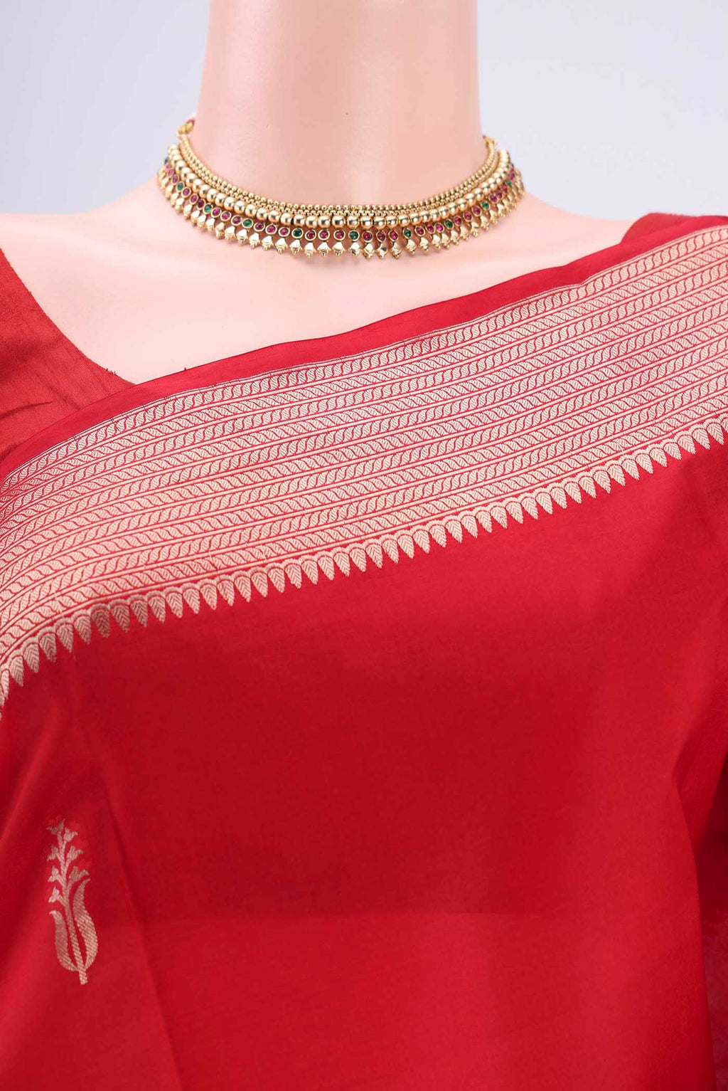 Border image of Deep Red Banarasi Katan Silk Saree with Zari Butta on the body and Zari Border. 