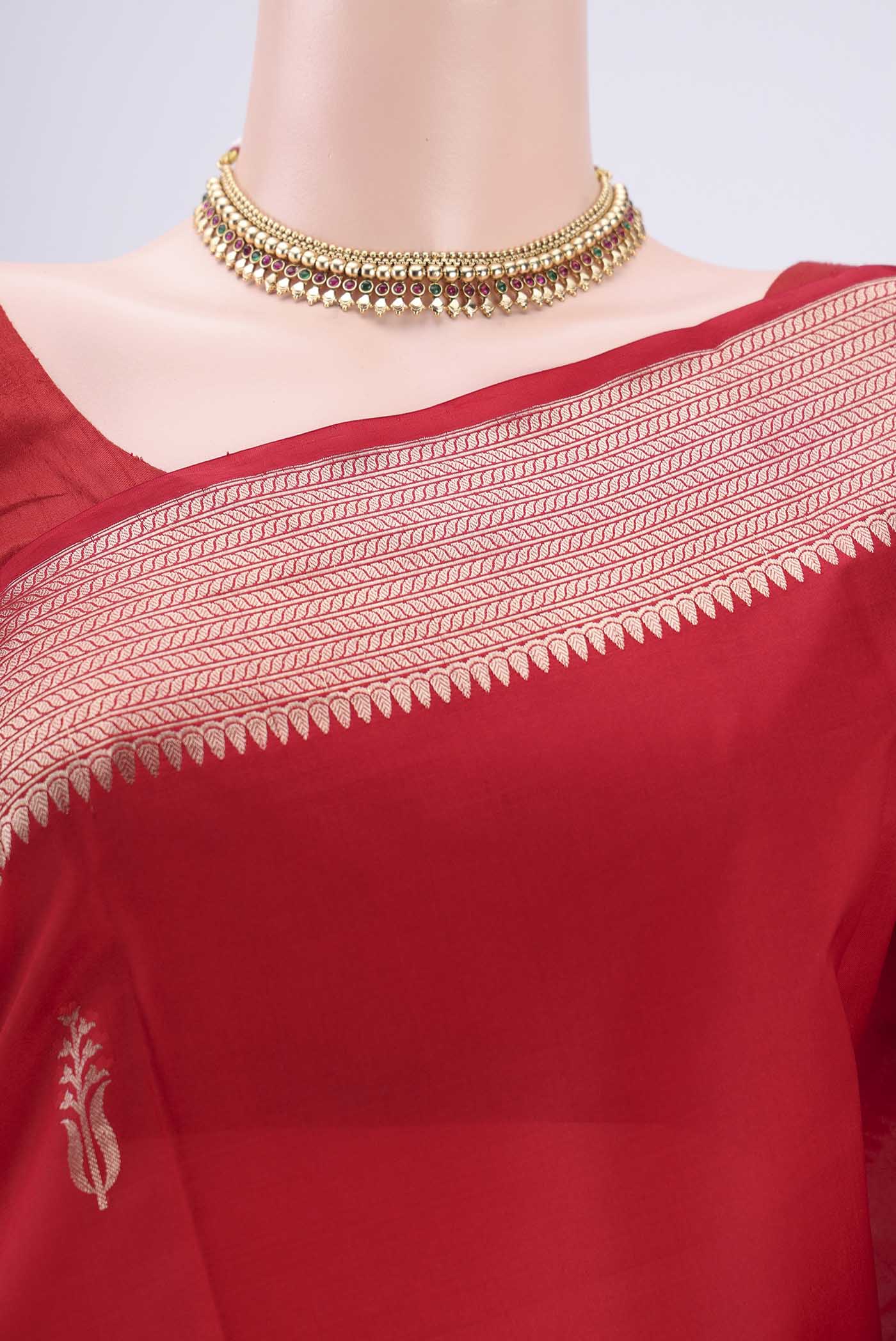 Border image of Deep Red Banarasi Katan Silk Saree with Zari Butta on the body and Zari Border. 