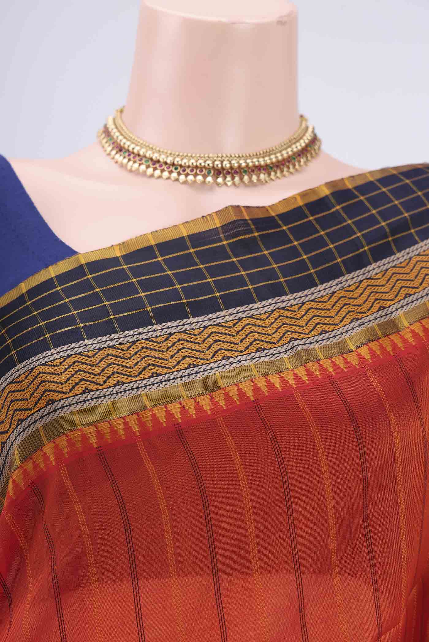 Border image of Orange Silk Cotton Saree with Stripes on the body and Thread Border. 