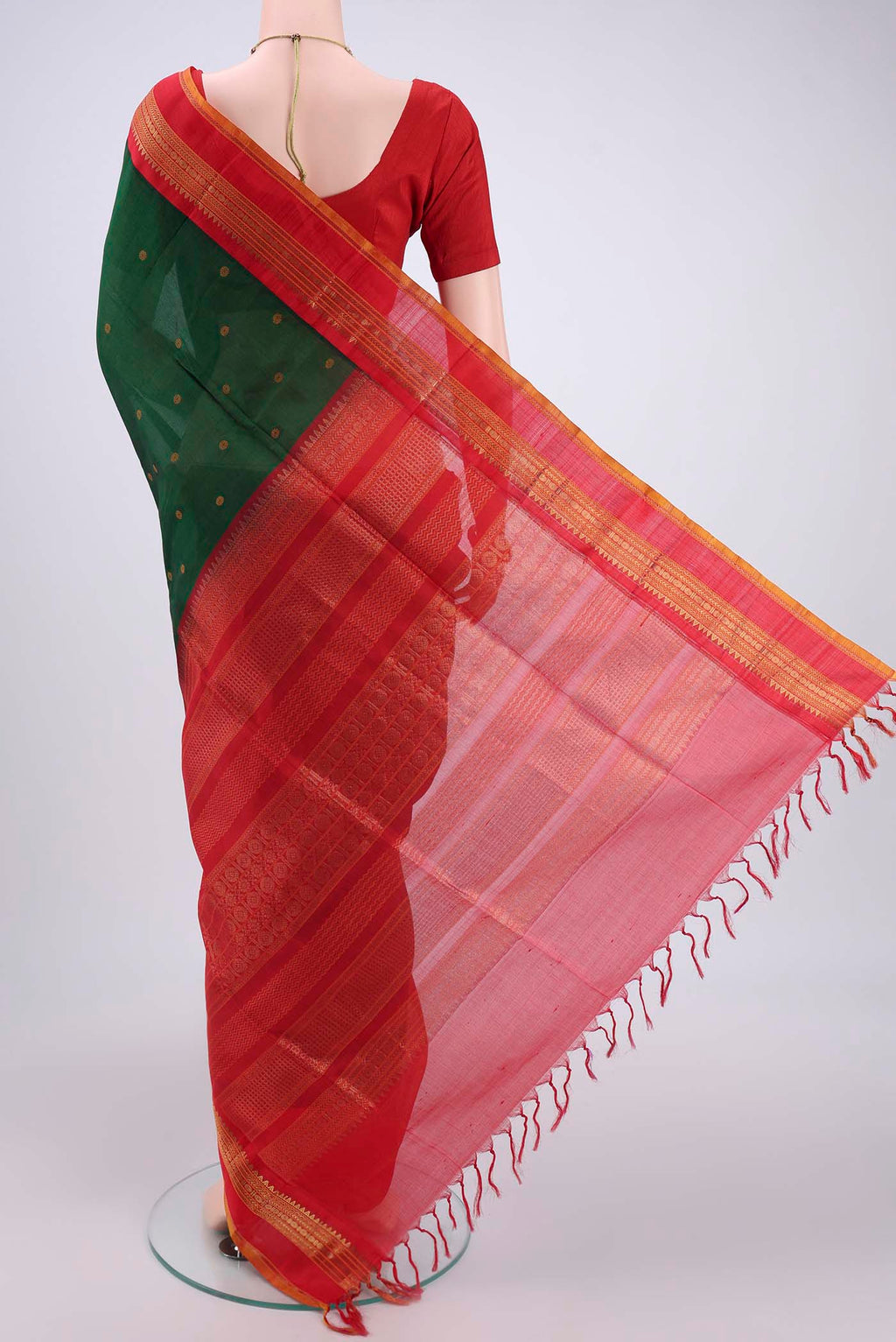 Flat view of Red Coimbatore Silk Cotton Saree with Stripes on the body and Plain Border. 