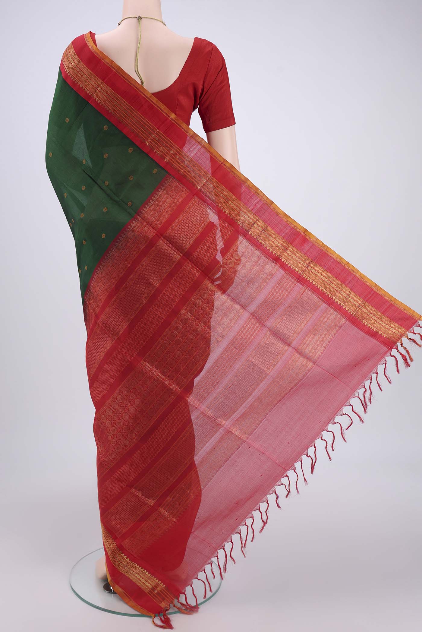 Flat view of Red Coimbatore Silk Cotton Saree with Stripes on the body and Plain Border. 