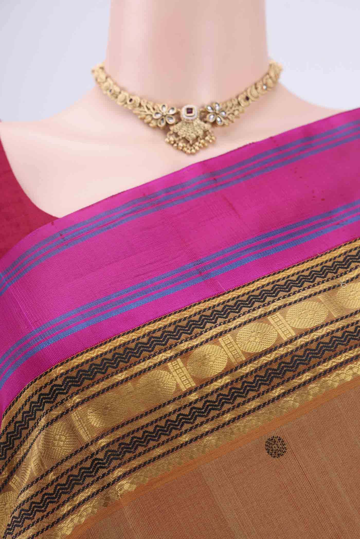 Border image of Mustard Coimbatore Silk Cotton Saree with Stripes on the body and Plain Border. 