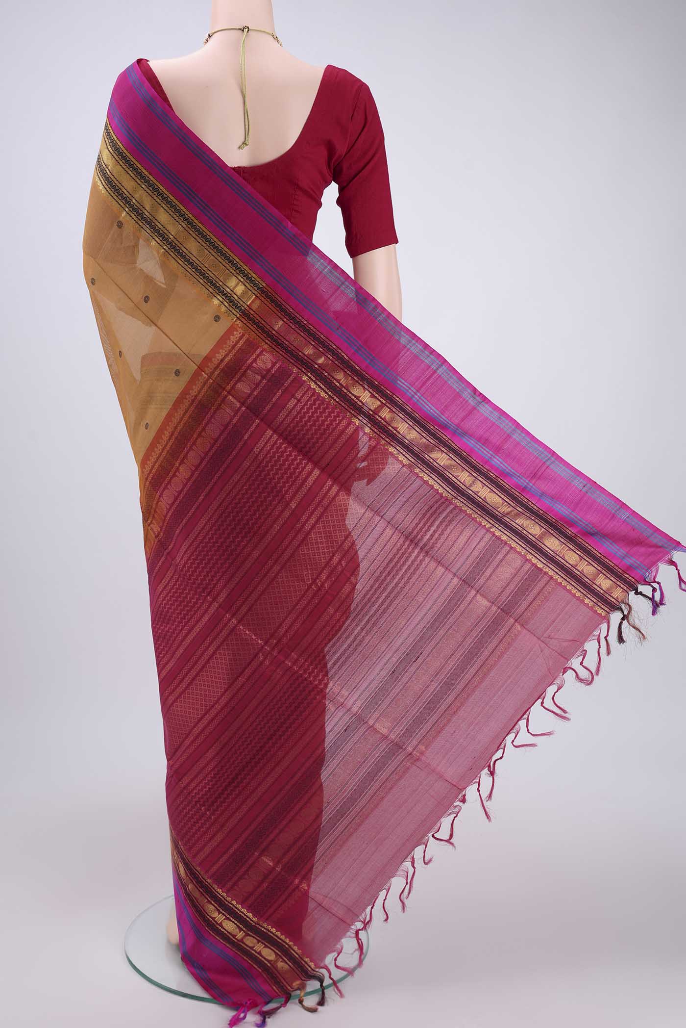 Flat view of Mustard Coimbatore Silk Cotton Saree with Stripes on the body and Plain Border. 