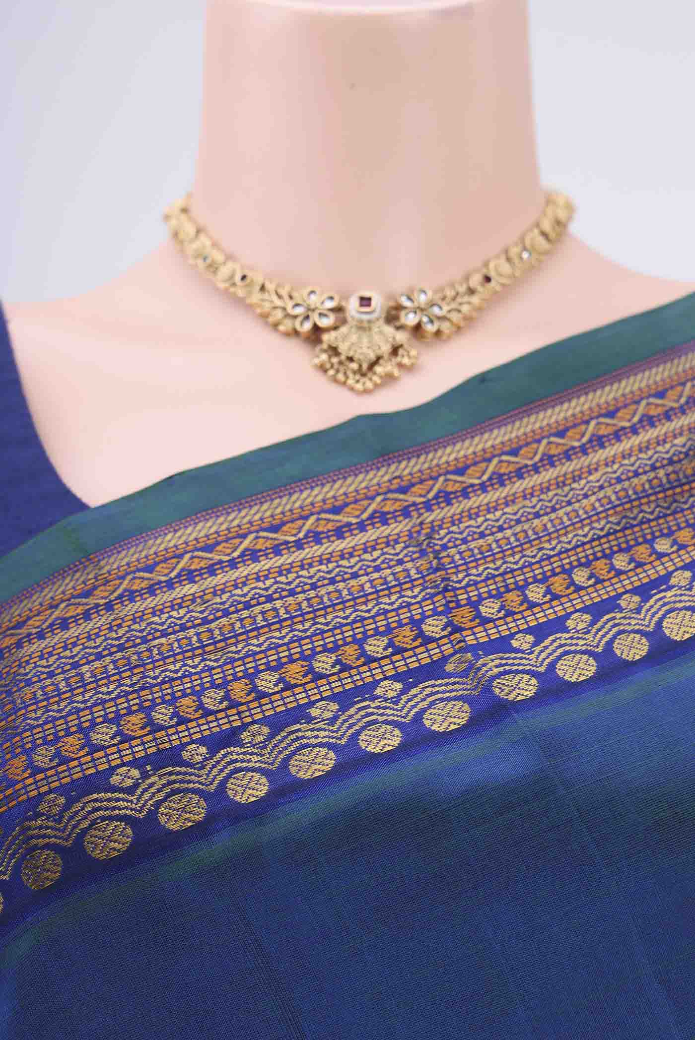 Border image of Turquoise Coimbatore Silk Cotton Saree with Stripes on the body and Plain Border. 
