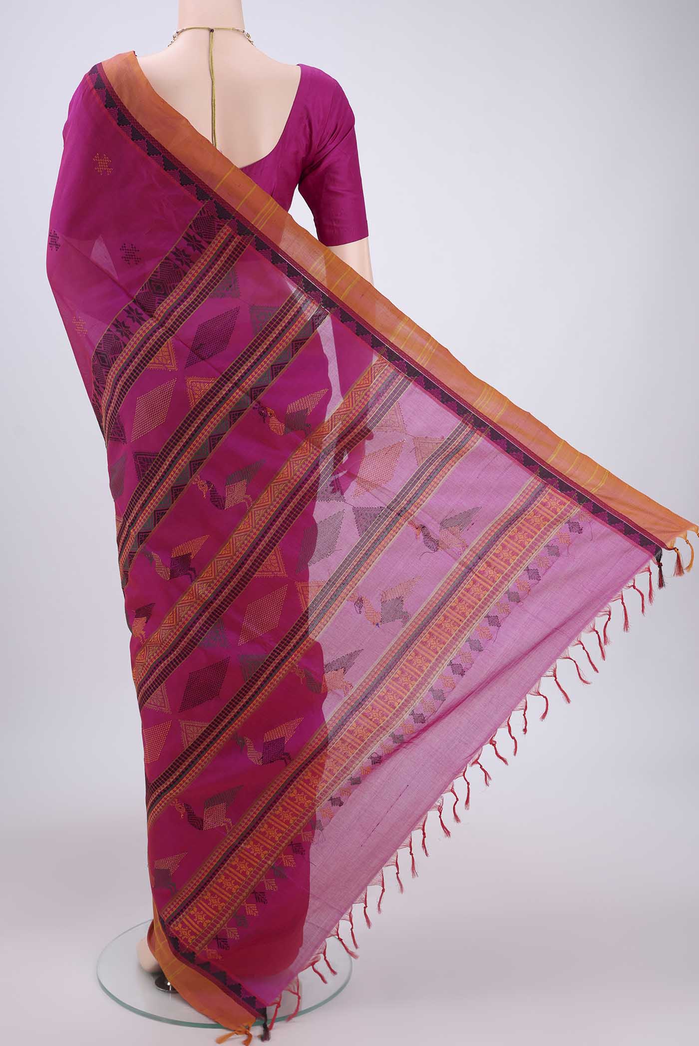 Flat view of Pink Silk Cotton Saree with Checked design on the body and Plain Border. 