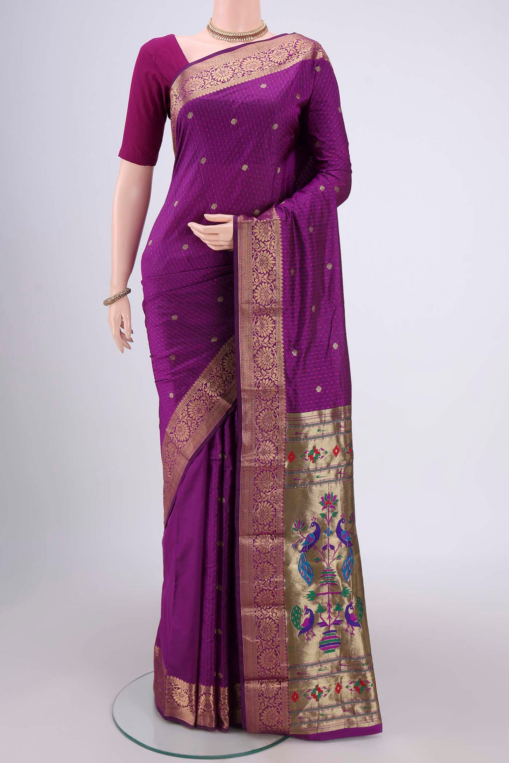 Purple Dual Tone Blended Bangalore Silk Saree with Jacquard With Zari Butta on the body and Zari Border.  displayed on a mannequin