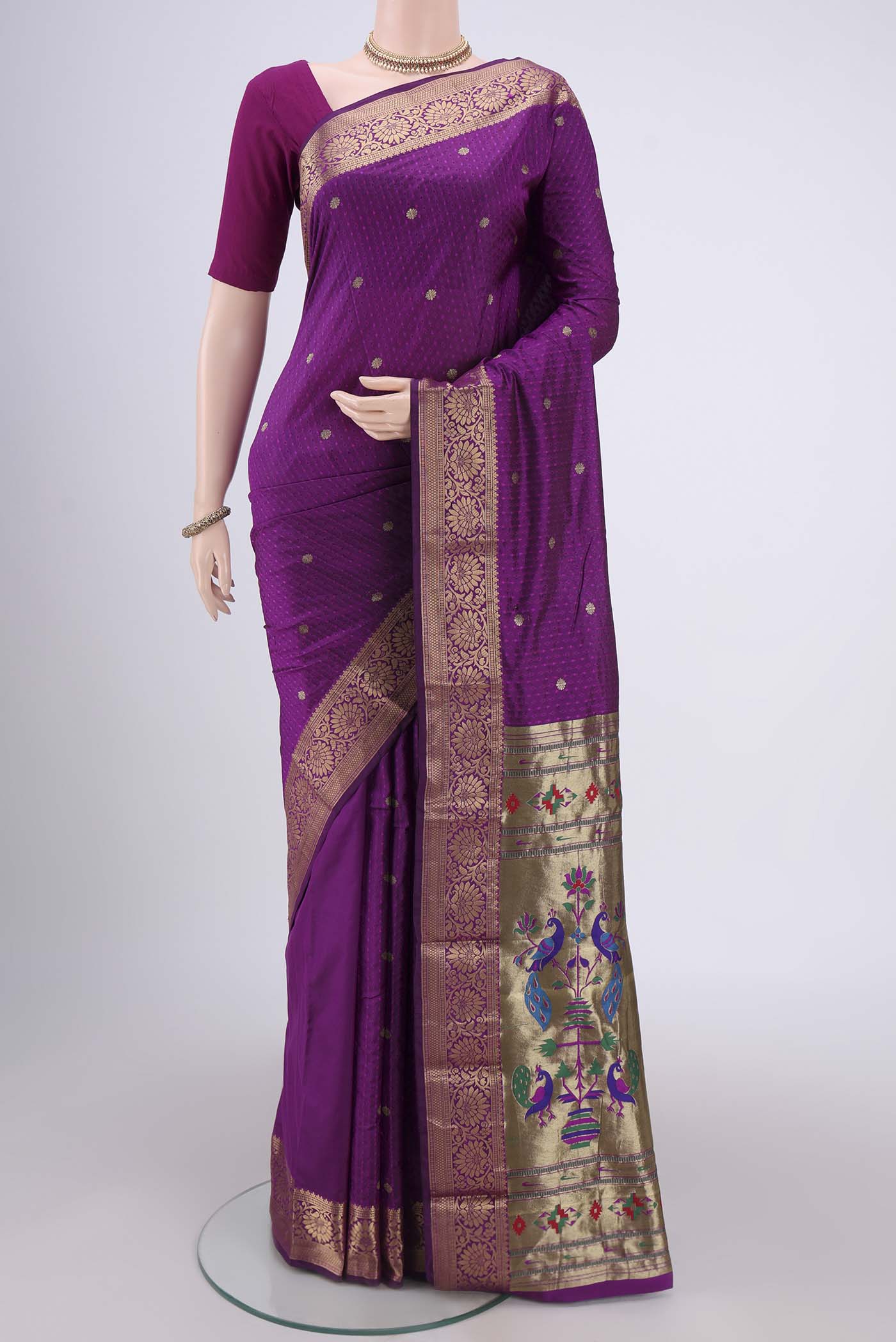 Purple Dual Tone Blended Bangalore Silk Saree with Jacquard With Zari Butta on the body and Zari Border.  displayed on a mannequin