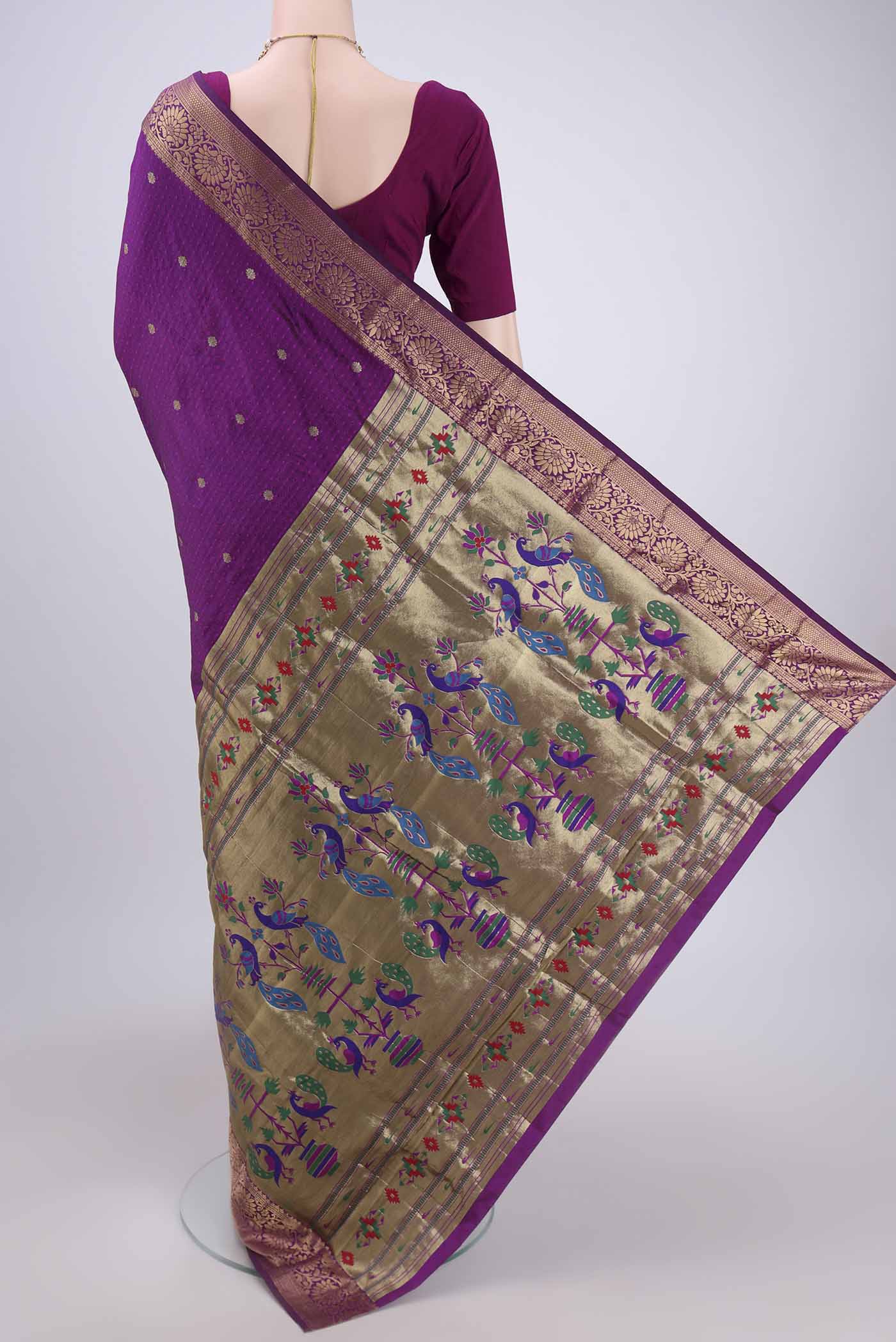 Flat view of Purple Dual Tone Blended Bangalore Silk Saree with Jacquard With Zari Butta on the body and Zari Border. 