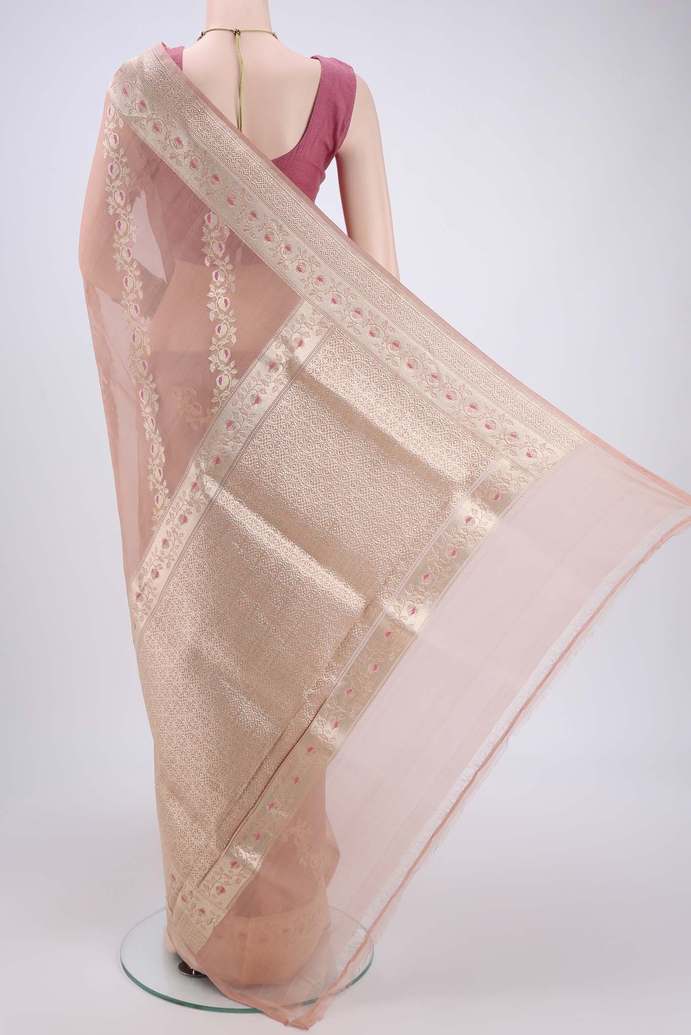 Flat view of Peach Kora Silk Saree with Zari Brocade on the body and Zari Border. 