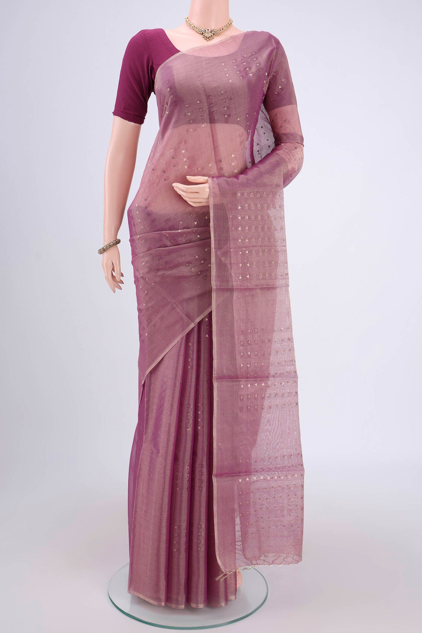 Purple MP Tussar Saree with Zari Butta on the body and Zari Border.  displayed on a mannequin