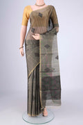 Davys Grey MP Tussar Saree with Checked design on the body and Thin Zari Line.  displayed on a mannequin