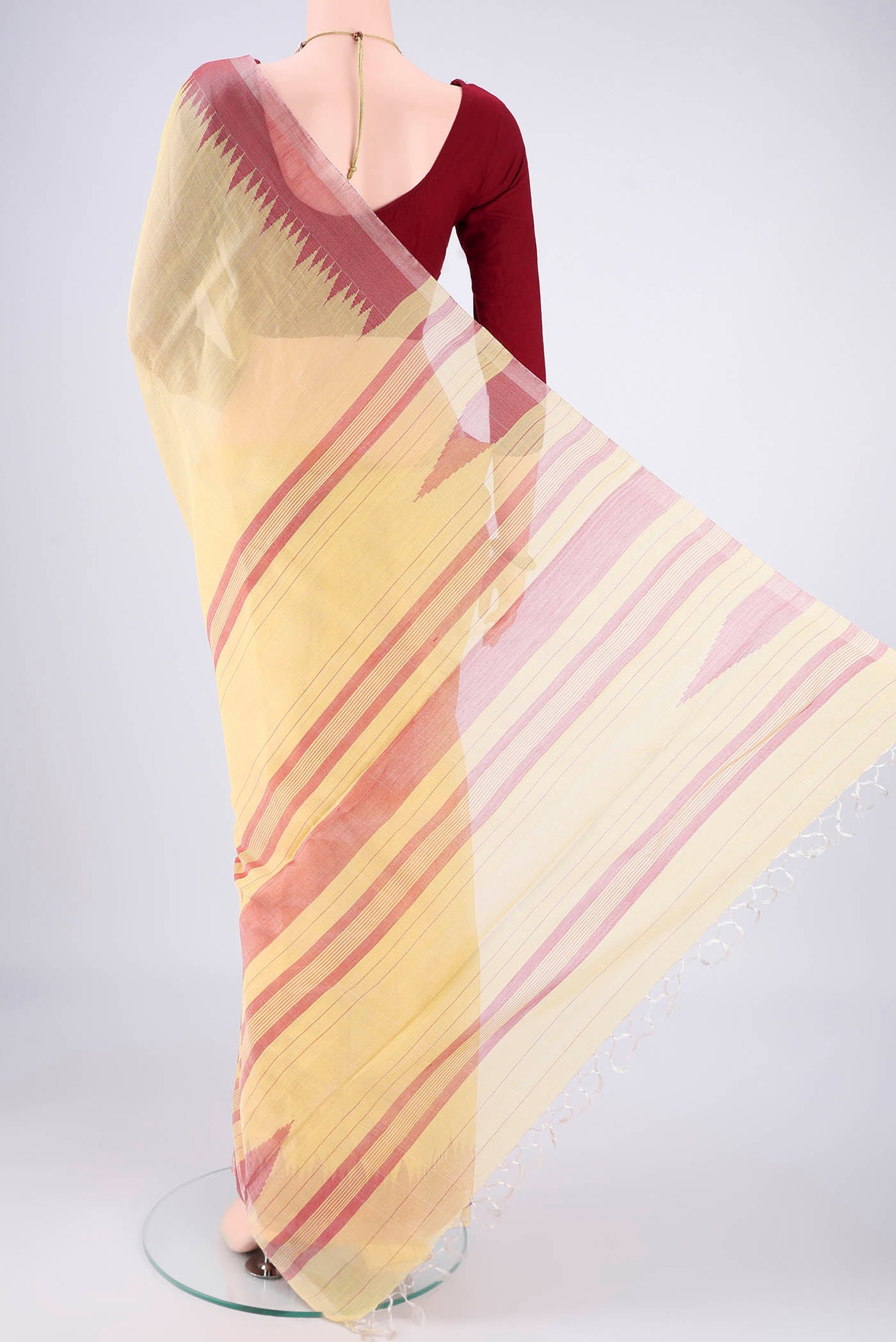 Flat view of Lemon Yellow MP Tussar Saree with Plain Body and Zari Border. 