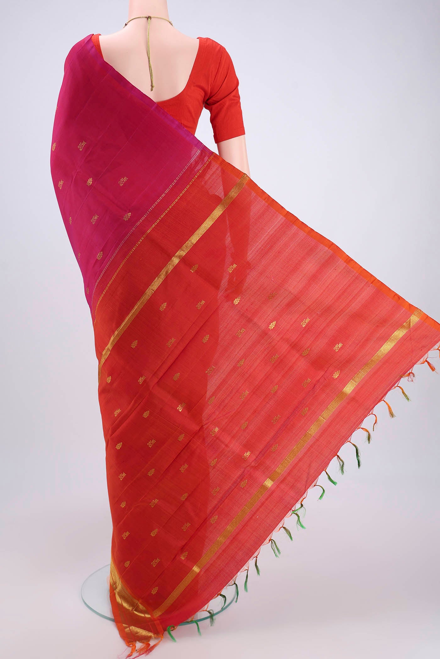 Flat view of Pink Kanjivaram Silk Saree with Zari Butta on the body and One Side Border. 