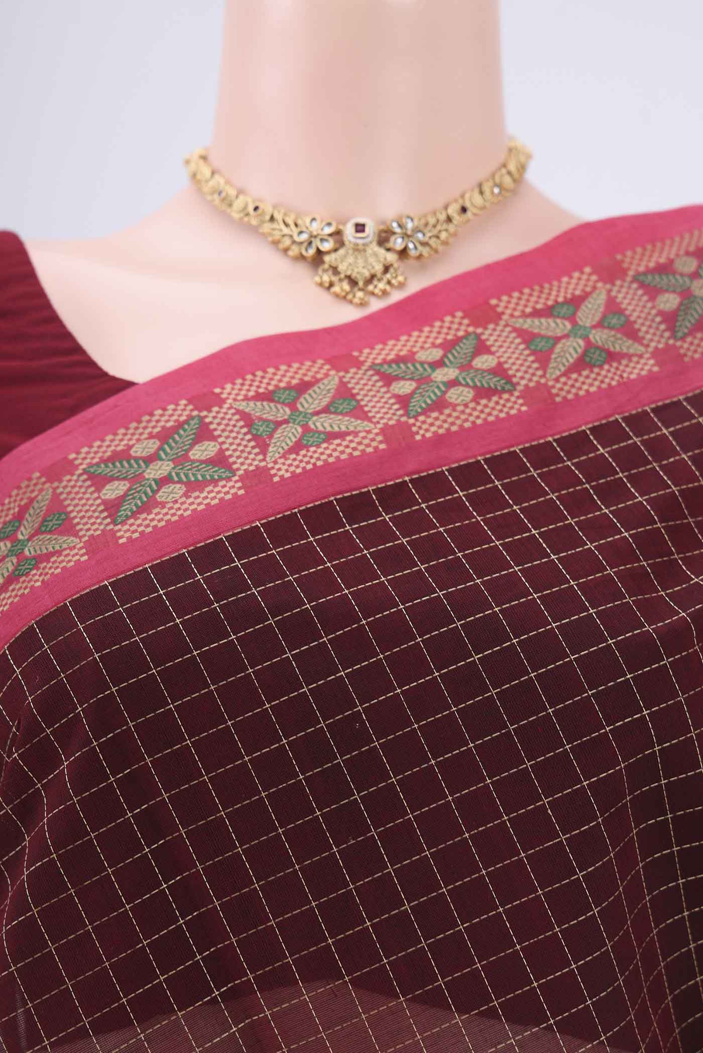 Border image of Maroon Coimbatore Cotton Saree with Stripes on the body and Thread Border. 