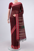 Maroon Coimbatore Cotton Saree with Stripes on the body and Thread Border.  displayed on a mannequin