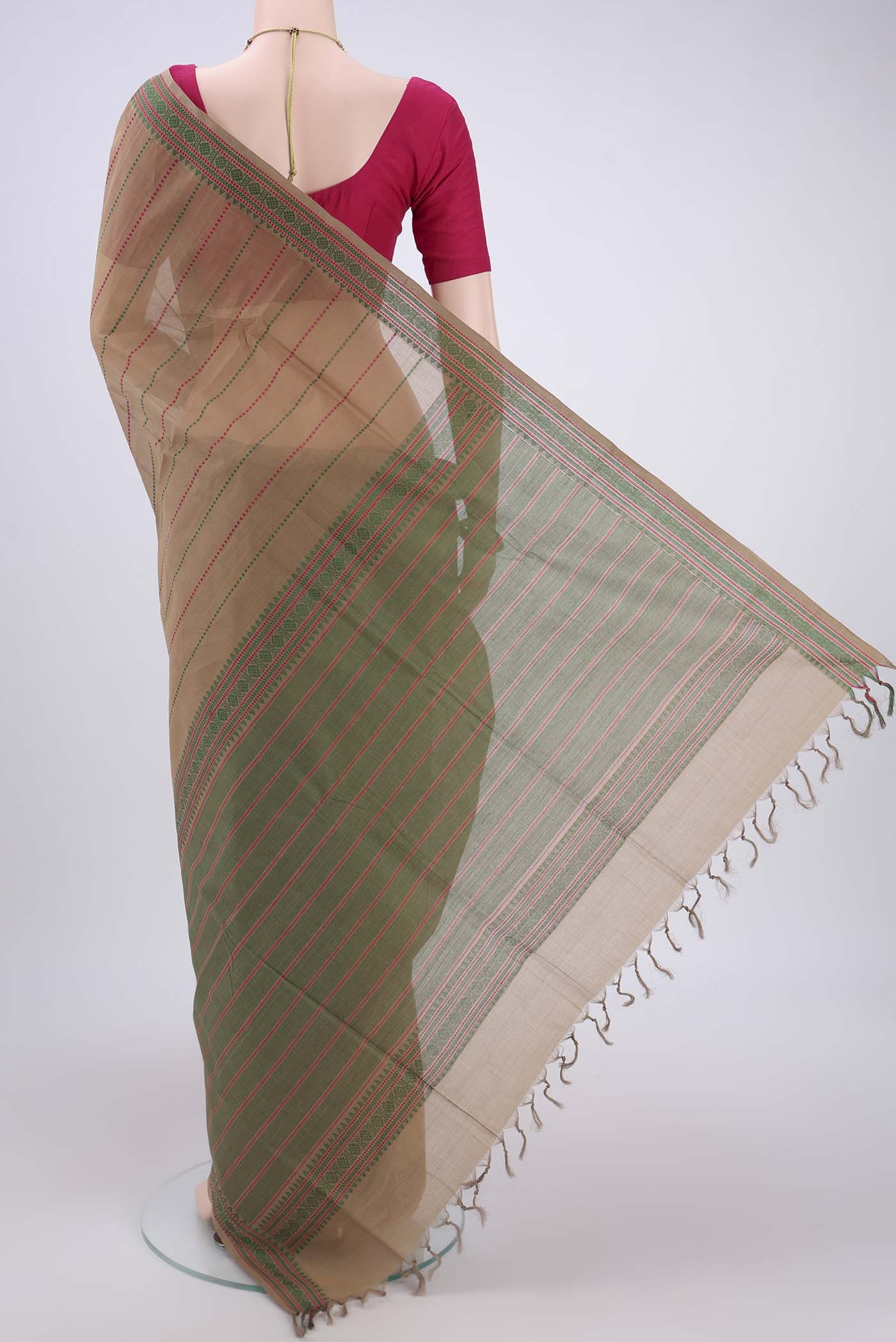 Flat view of Beige Coimbatore Cotton Saree with Stripes on the body and Thread Border. 