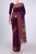 Purple Coimbatore Cotton Saree with Stripes on the body and Thread Border.  displayed on a mannequin