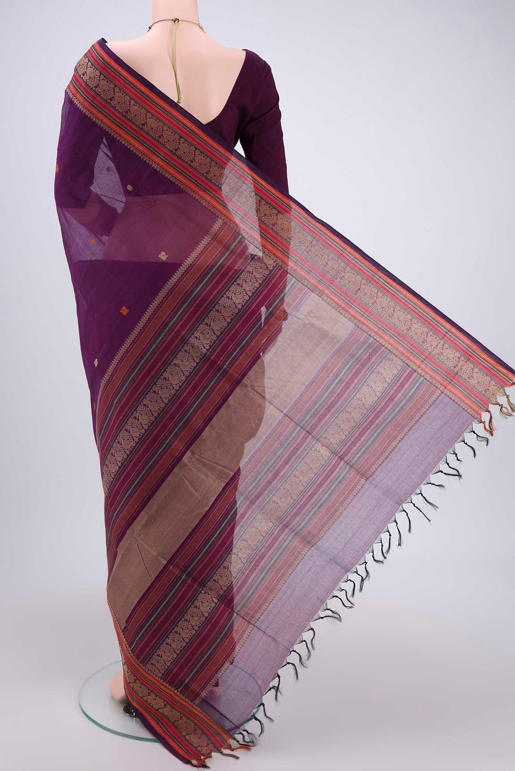 Flat view of Purple Coimbatore Cotton Saree with Stripes on the body and Thread Border. 