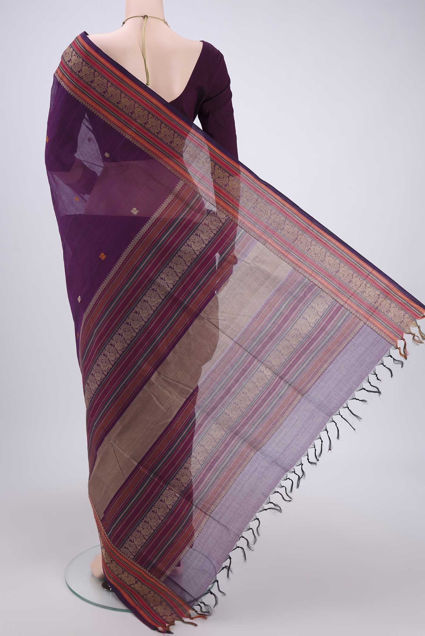 Flat view of Purple Coimbatore Cotton Saree with Stripes on the body and Thread Border. 