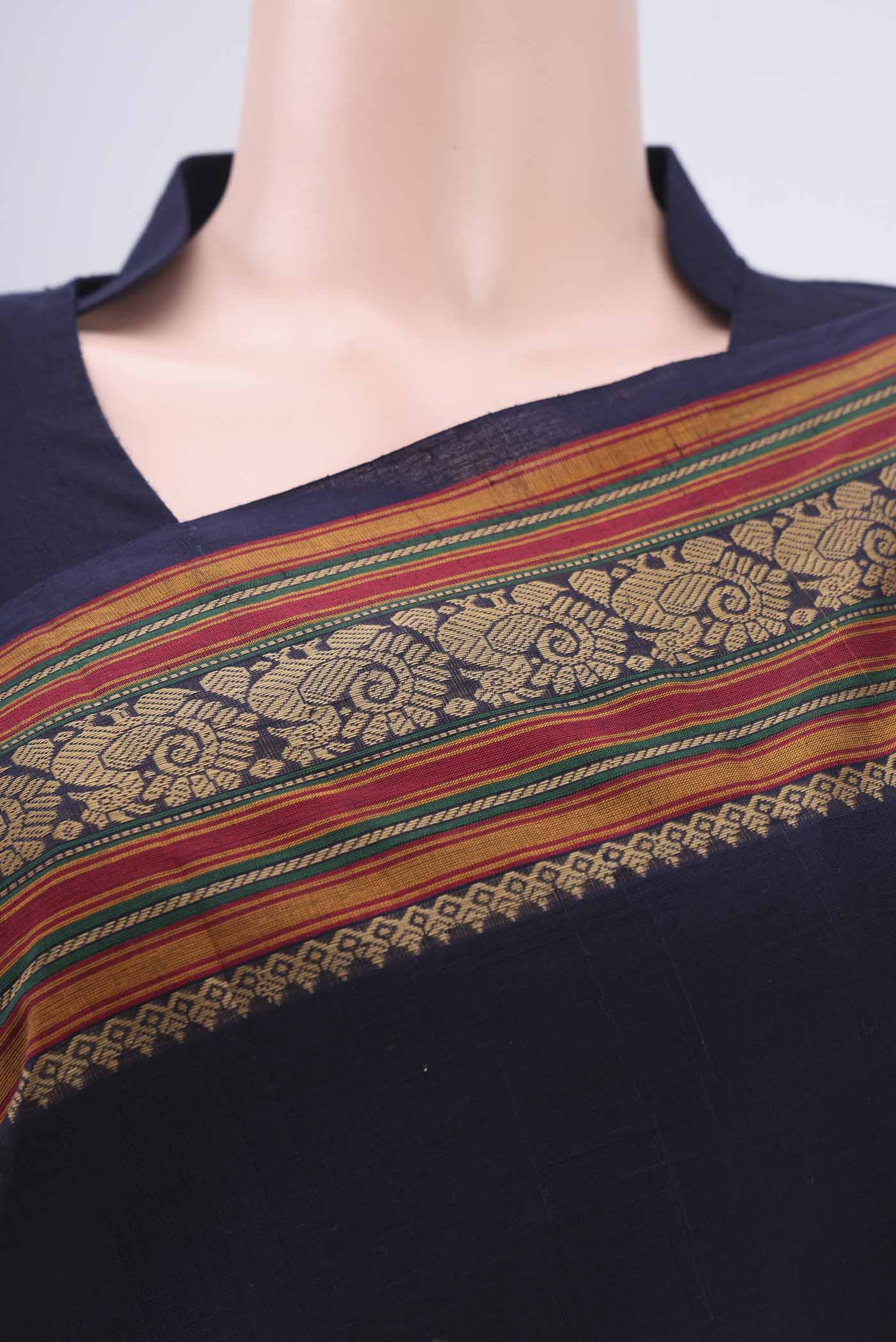 Border image of Navy Blue Coimbatore Cotton Saree with Stripes on the body and Thread Border. 