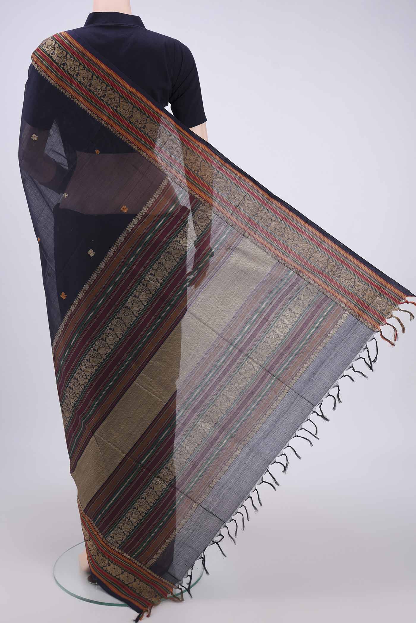 Flat view of Navy Blue Coimbatore Cotton Saree with Stripes on the body and Thread Border. 