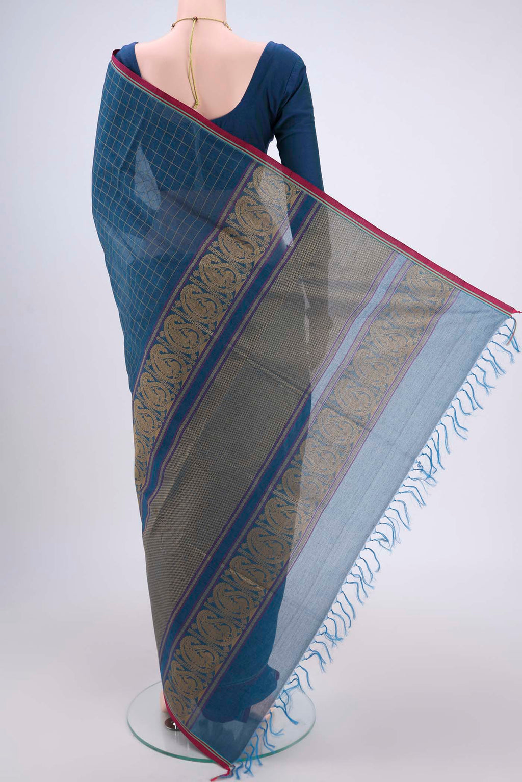 Flat view of Turquoise Coimbatore Cotton Saree with Stripes on the body and Thread Border. 