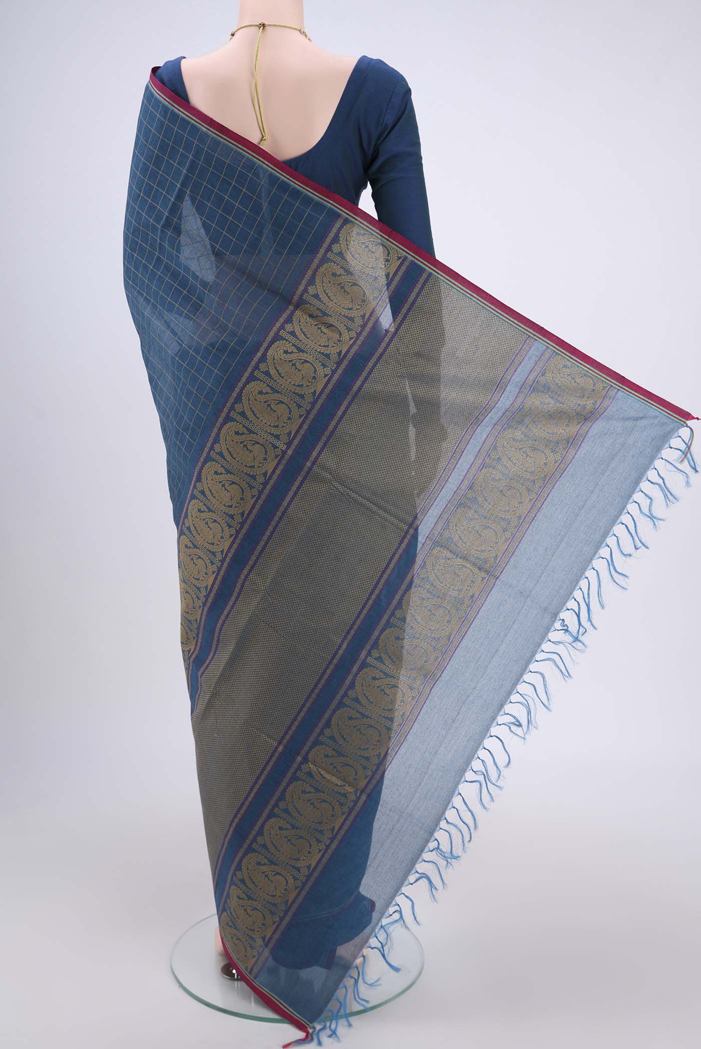 Flat view of Turquoise Coimbatore Cotton Saree with Stripes on the body and Thread Border. 