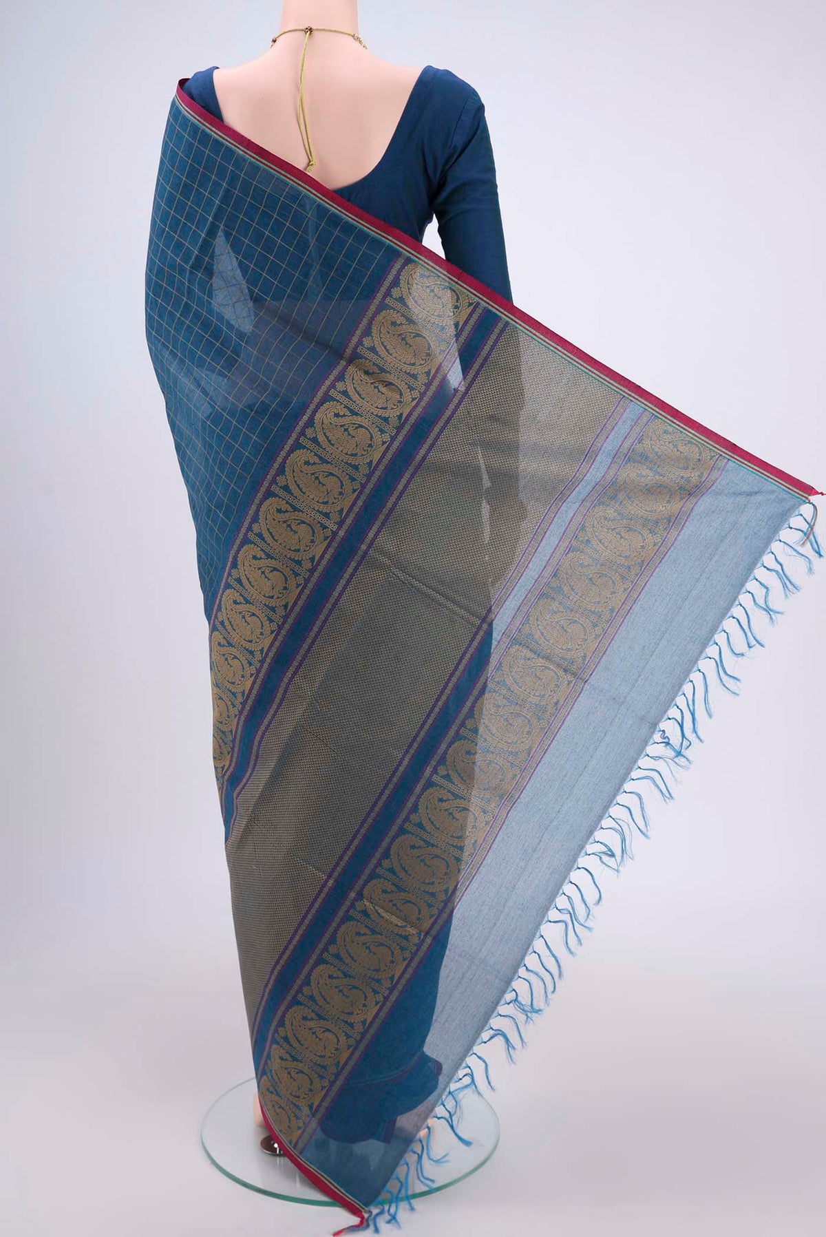 Flat view of Turquoise Coimbatore Cotton Saree with Stripes on the body and Thread Border. 