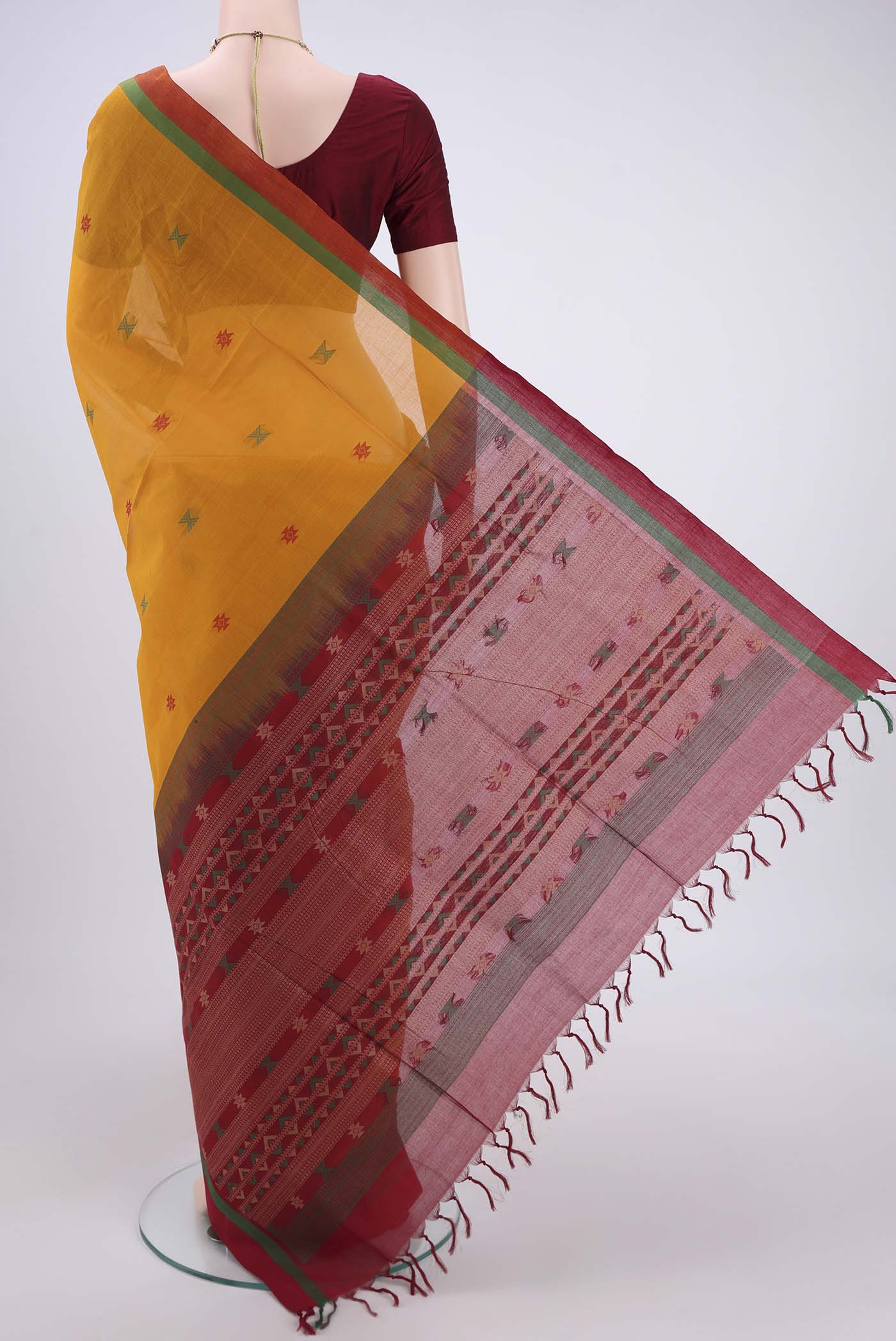 Flat view of Mustard Coimbatore Cotton Saree with Stripes on the body and Thread Border. 