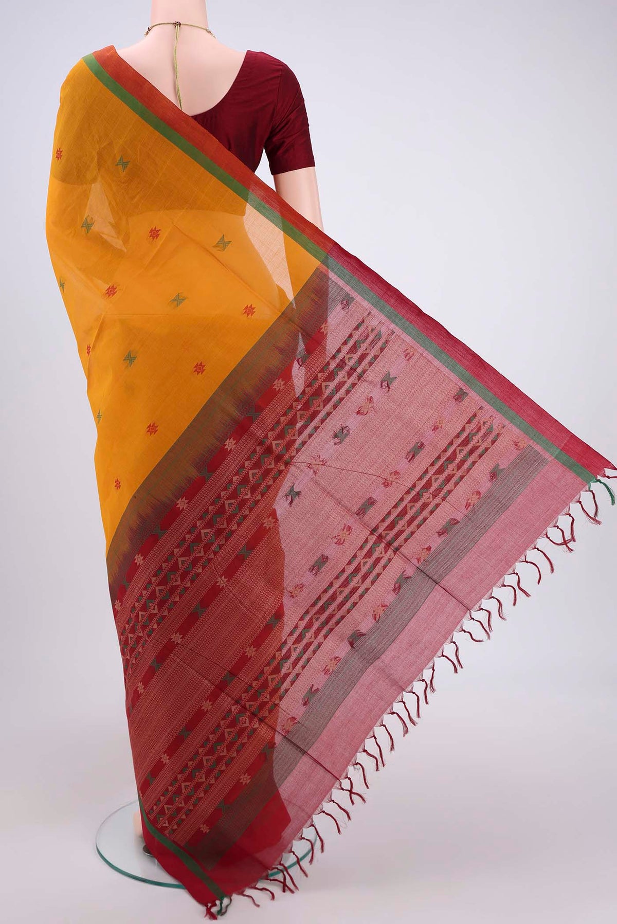 Flat view of Mustard Coimbatore Cotton Saree with Stripes on the body and Thread Border. 