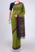Mehandi Green Coimbatore Cotton Saree with Stripes on the body and Thread Border.  displayed on a mannequin